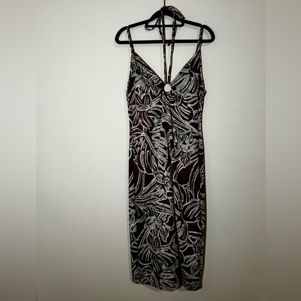 ZARA | Brown Jacquard Midi Dress Keyhole V-Neck Floral Size Medium - Picture 2 of 4